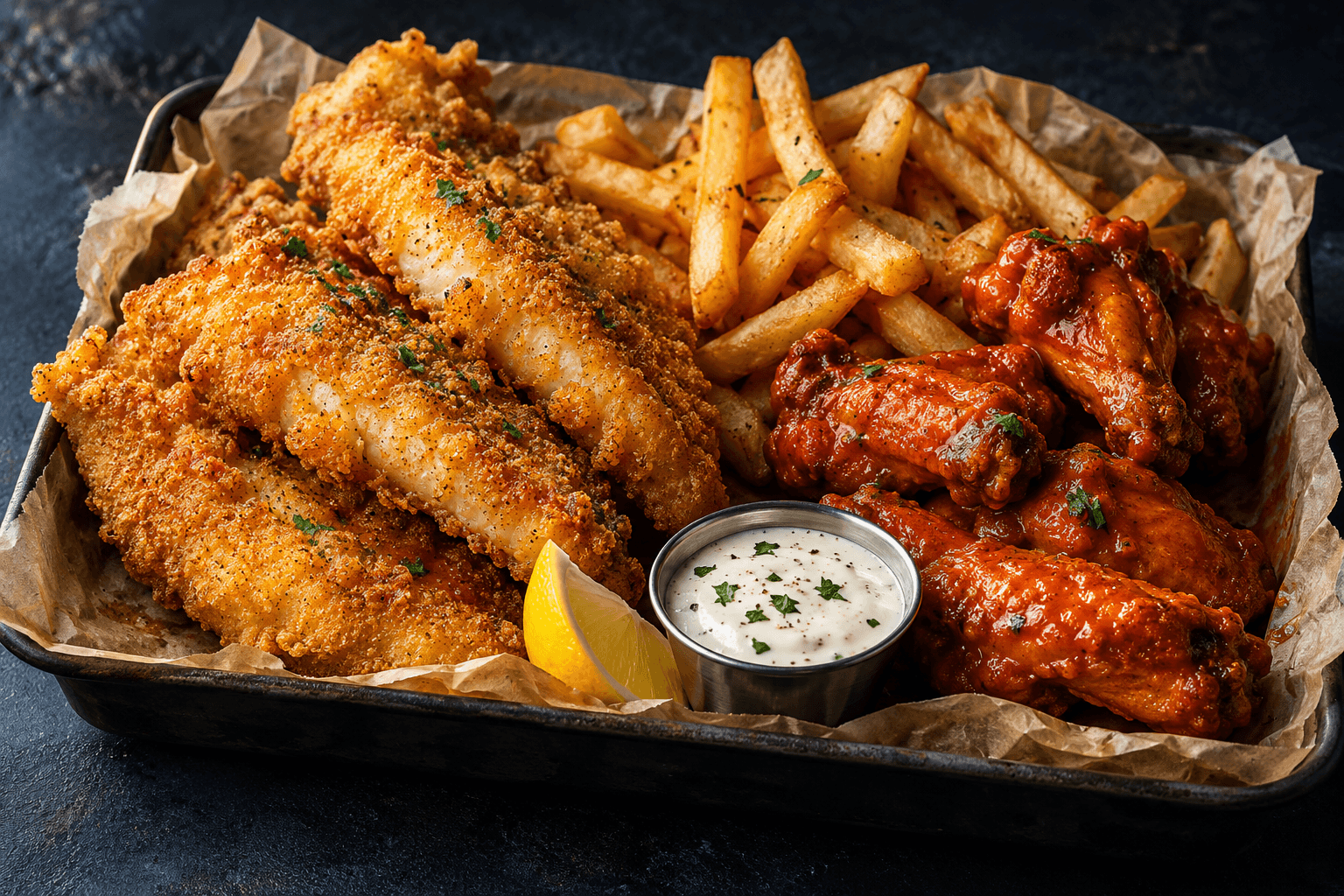 Illustration of golden fried fish, sauced wings, and fries on a tray; not an actual JS dish