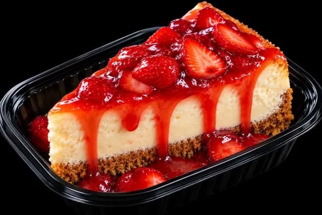 Slice of cheesecake with strawberries and strawberry sauce